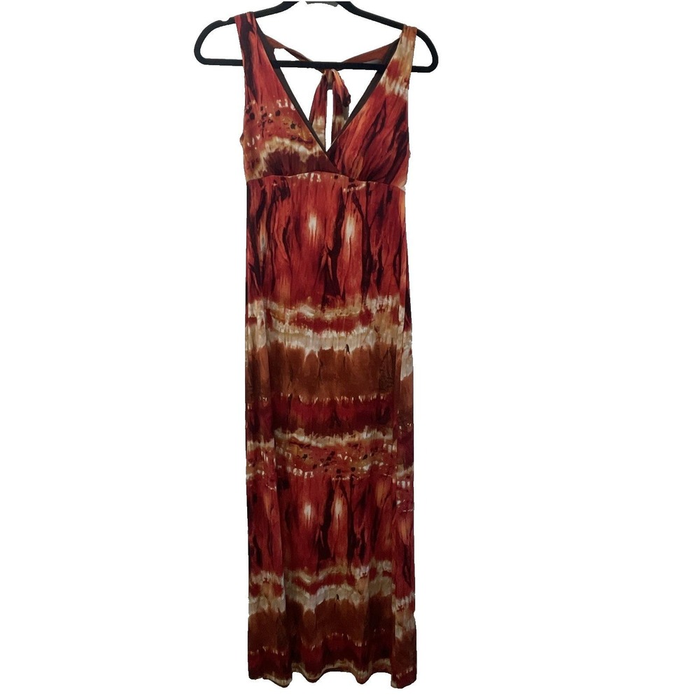 Vtg Y2K Tie‎ Dye Maxi Dress Rust Orange V-Neck Empire Waist Festival Boho Grunge